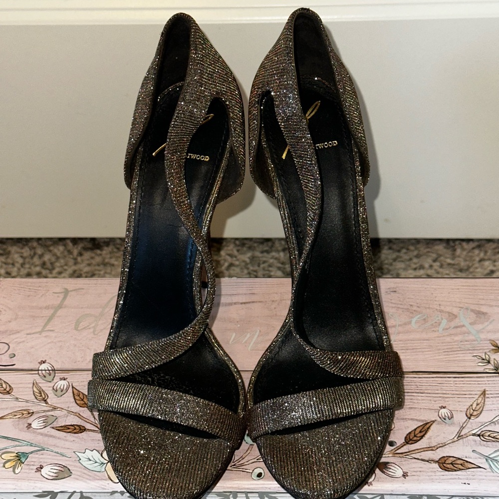 B Brian Atwood Glittering Black and Gold Heels